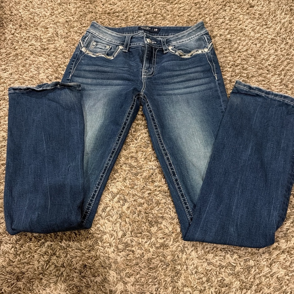 Miss Me Dark Blue Bootcut Jeans with Fading